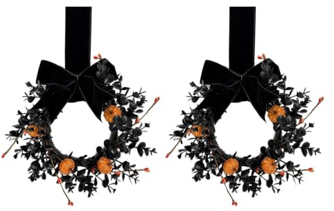 Halloweenkrans För Ytterdörren Svart och orange gotisk bondgårdsstil | Svart Halloweenkrans för fönster, väggar, kontor, , inomhus, trädgård, utomhus samt fester