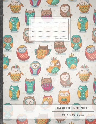 Kariertes Notizbuch • A4-Format, 100+ Seiten, Soft Cover, Register, Mit Rand, „Lustige Eulen“ • Original #GoodMemos Quad Ruled Notebook • Perfekt als Matheheft, Skizzenbuch, Arbeitsheft, Tagebuch