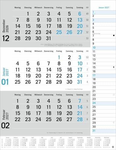3-Monats-Planer, blau 2027: Praktischer Wandplaner mit Datumsschieber. Büro-Kalender mit Notizspalte und Jahresübersicht. Wandkalender 2027 fürs Büro. 30 x 39 cm.
