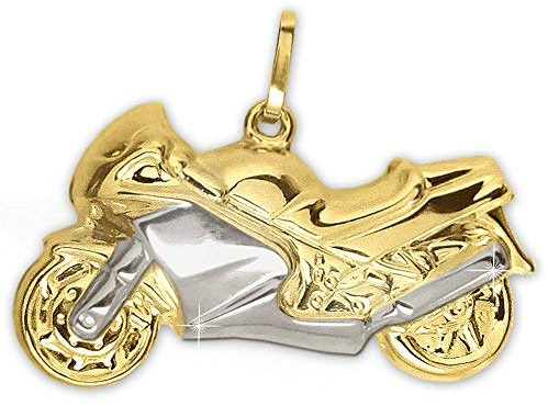 CLEVER SCHMUCK Goldener Anhänger großes Motorrad 22 x 14 mm bicolor, 3D glänzend 333 GOLD 8 KARAT im Luxus Etui