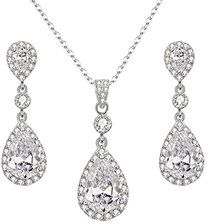 Clearine Cubic Zirconia Schmuckset Damen 925 Sterling Silber Hochzeit Braut mit Unendlichkeit Tropfen Anhänger Halskette Dangle Ohrringe Schmuck Set