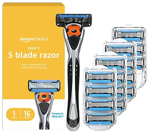 Amazon Basics 5-Blade MotionSphere Men's Razor with Dual Lubrication, Vitamin E, Precision Trimmer, 1 Handle & 16 Cartridges, Black