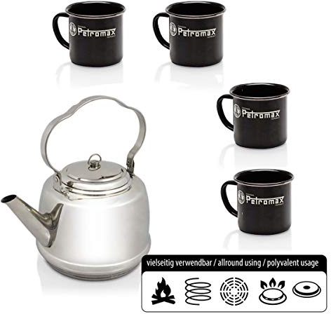 GRILL-EXPERTE Petromax Set - Edelstahl Teekessel 1,5L + 4 Kaffeebecher Emaille schwarz