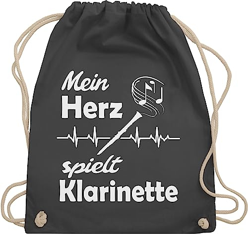 Turnbeutel Rucksack - Musik Instrument Zubehör - Mein Herz spielt Klarinette - Unisize - Dunkelgrau - beutel stoff sportrucksack mit schnur kordel baumwoll geschenke instrumente für musiker