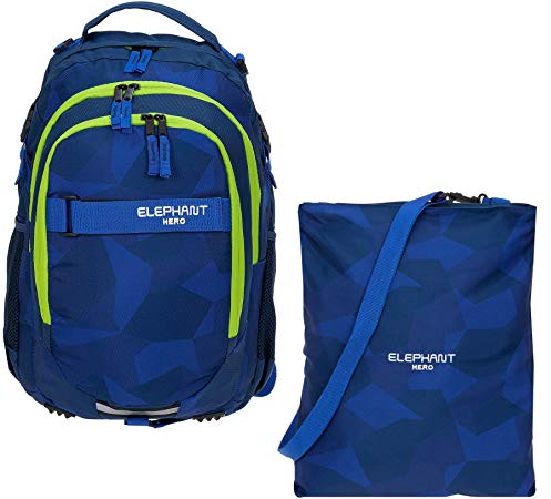 2 Teile Set ELEPHANT Schulrucksack Hero Signature Rucksack + Turnbeutel Attach Bag (Cyber Camo Blue-NEON)