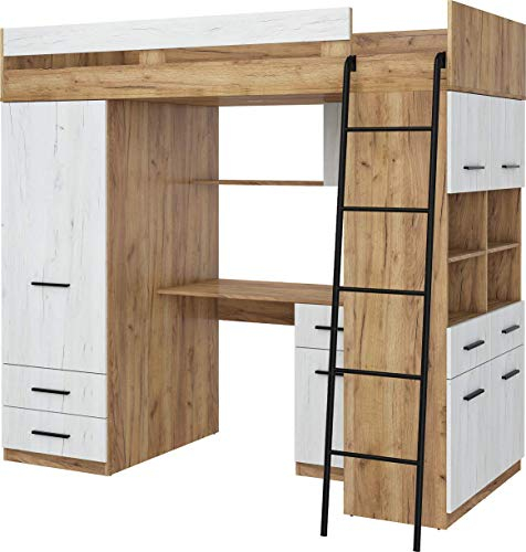 Hochbett mit Schreibtisch, Schubladen, Kleiderschrank und Bücherregal - Platzsparendes Loftbett (120x206x188 cm) - Kinderbett 90x200 Bettgröße - Rechte Leiter - LEVEL (CraftGold/CraftWeiß)
