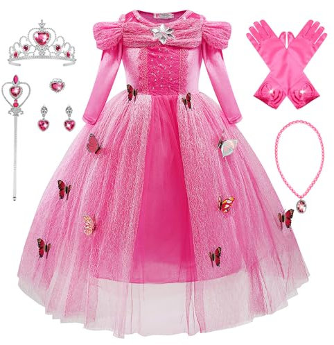Monissy Princesse Elsa Robe Costume Reine des Neiges Rose 2 Dentelle Manche Longue Tulle Brillant Papillon Diadème Perruque Gant Baguette Déguisement Halloween Anniversaire,Rose 2,120