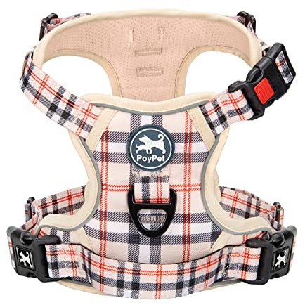 PoyPet Keine Pull Hundegeschirr Front Reflektierende Pet Weste für Hunde mit Einfache Kontrolle Griff und Rückseite perfekt für den täglichen Training, Walken, Running(Kariertes Beige,S)