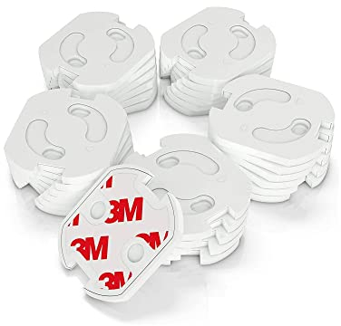 conecto Kindersicherung für Steckdosen, Steckdosen-Schutz mit Drehmechanik und 3M Klebeband, 30 Stück, weiß