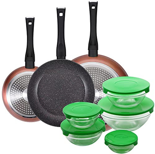 PACK DE 3 SARTENES Ø20/24 y 28 cms + SET DE 5PC DE BOLES CON TAPA VERDE