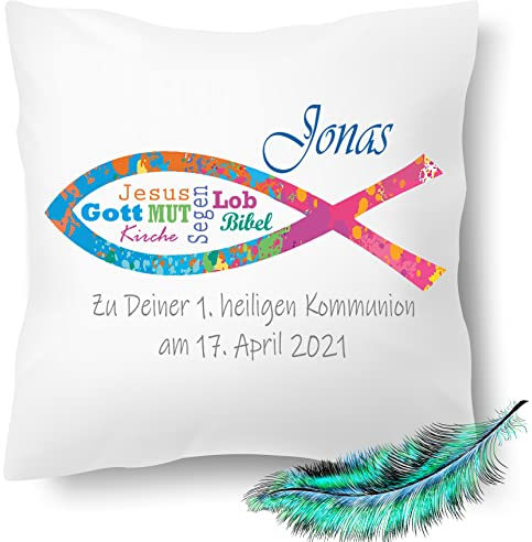 Print Deluxe Kommunion Geschenk, bedrucktes Kissen personalisiert mit Namen und Datum | Kirchliches Fisch Symbole |Geschenk Idee,Dekokissen | Kuschelkissen 40X40 Bedruckt(mit Kissenfüllung, Bunt)