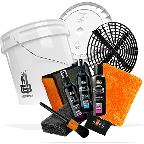 10 teiliges Autowasch Bundle – ADBL Synthetic Spray Wax, Snowball Auto Shampoo, Vampire Liquid, Waschhandschuh, Trockentuch, Pinsel, Magic Bucket 3,5GAL & Deckel weiß, Grit Guard, detailmate Tuch