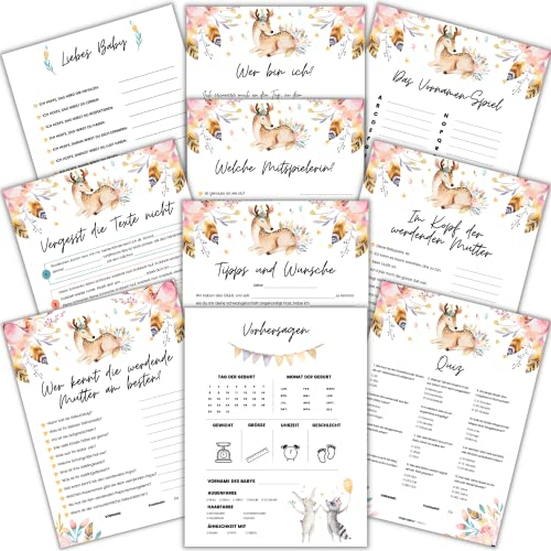 Babyparty Spiele - 150 Karten (10 Spiele - 15 Teilnehmerinnen) - Karten mit Geburtsprognosen, Wünschen für Mutter und Baby, Quiz, Besten Erinnerungen und anderen lustigen Spielen - Babyparty-Set