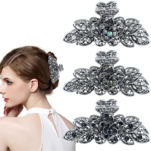 3 Pcs Vintage Flower Large Claw Hair Clips Rhinestone Alloy Fancy Hair Claw Jaw Clips Metal Retro Crystal Non-Slip Vintage Hair Clamps Hair Updo Grip Hair Accessories for Women Girls