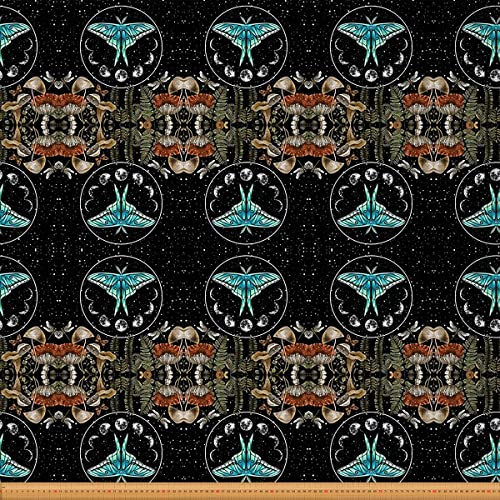 Blauer Motten Polsterstoff Boho Sonne Mond Stoff Meterware Hippie Pilz Dekostoff Bohemian Schmetterlings Libelle Innen Draussen Stoff Schwarz Weiß 460 x 150 (HxB)