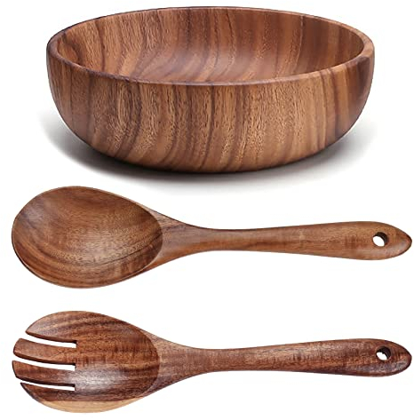 UPTALY Insalatiera in legno di grandi dimensioni (22 x 7,5 cm), con cucchiaio da insalata e forchetta in legno (26 x 6,8 cm), ciotola in legno di acacia, ciotole in legno di grande portata