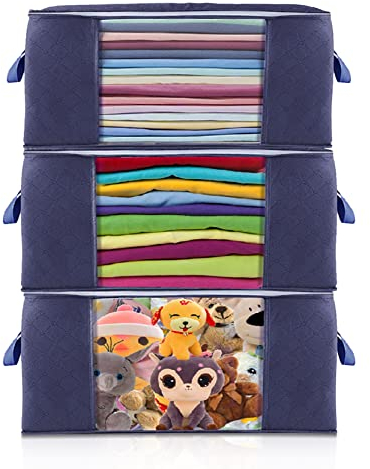 Owelth 3 Stück 90L Große Aufbewahrungstasche Schrank Organizer Set, Faltbar Kleideraufbewahrung mit verstärkt Griff, Stabilem Reißverschluss für Kleidung, Bettwäsche, Bettdecken, Steppdecke, Kissen