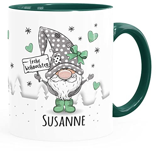 SpecialMe® Kaffee-Tasse Frohe Weihnachten Wichtel Weihnachtsmotiv mit Namen persönliche Geschenke weiß-innen-grün standard