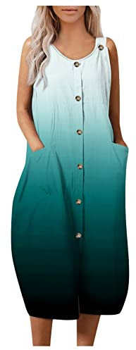 Leinenkleid Damen Sommerkleid Freizeitkleider Blumen Kleider Frauen Kleid Sommer Ärmellose Minikleider mit Taste und Tasche Strandkleid Leinen Blusenkleid Boho Kleid A-Linie Kleid Tankkleid