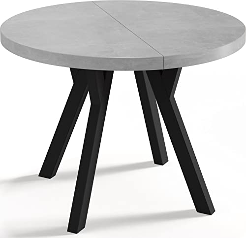 WFL GROUP Designer Runder Ausziehbarer Esstisch - Loft-Stil, Industriell, Platzsparend - Schwarze Beine - 100 bis 200cm - für 5-10 Personen - Hergestellt in EU - Beton Grau - 200 cm