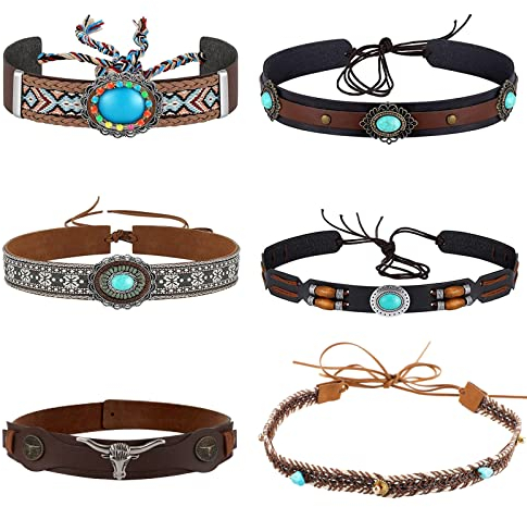 LUTER 6pcs Bande de Chapeau de Cowboy, Bandeau Chapeau Cowboy Cuir PU Souple Remplacement de la Bande de Chapeau, Chapeau de Paille,Chapeau de Cowboy (6 Styles)