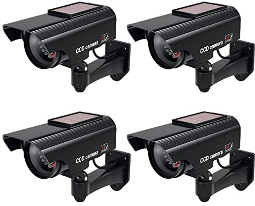 BASI | 4er Set Solar Kamera-Attrappe mit blinkendem LED-Licht | Dummy Kamera | Sicherheitskamera | Überwachungskamera für Innen- und Außenbereich solarbetrieben | Wandhalterung | Solar Panel | CCTV