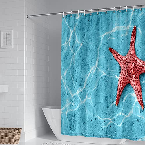 Duschvorhang Überlänge, Duschrollo für Badewanne Seesternmuster mit Strandmotiv Blau Blue Shower Curtains 165x200cm(66 Wx80 H)