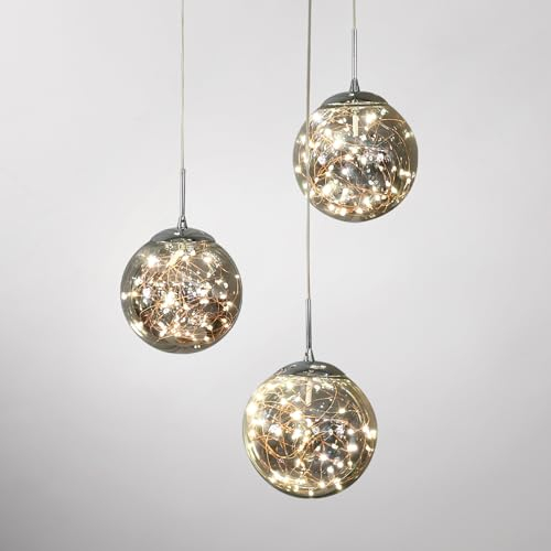 KAUCQI Led Pendelleuchte Esstisch Hängelampe 150CM 3 Glaskugel Wohnzimmer Hängeleuchte mit Verstellbarer Länge Kronleuchter Lamp für Dining Schlafzimmer Küche
