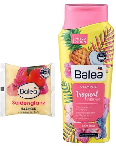 Balea 2er-Set Haarpflege: Haarkur SEIDENGLANZ für seidigen Glanz silikonfrei mit Duft nach Pfirsich (25 ml) + Shampoo TROPICAL DREAM für geschmeidiges Haar (300 ml), 325 ml