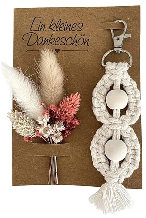 Kleines Dankeschön - liebevolle Danke Karte - mit echtem Trockenblumenstrauß und natürlichem Makramee Schlüsselanhänger - kleines Dankeschön Geschenk das Eindruck hinterlässt (Beige)