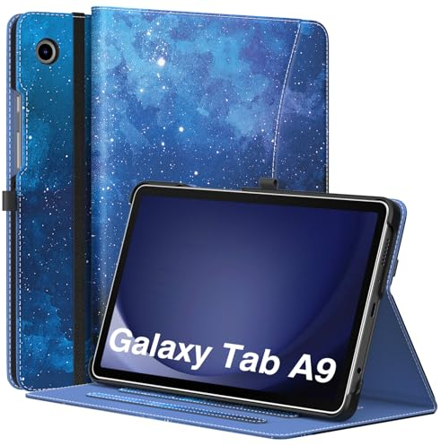 MoKo Case for Samsung Galaxy Tab A9 8.7-Inch 2023 (SM-X110/SM-X115/SM-X117), Premium PU Leather Multi-Angle Viewing Folding Stand Cover Case with Hand Strap, Front Pocket, Blue Starry Sky