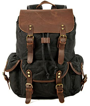 FANDARE Leinwand Wanderrucksack Herren Damen Wanderrucksäcke Sports & Outdoor Rucksack mit Kordelzug Trekkingrucksack Reiserucksack für Wandern Radfahren Klettern Bergsteigen und Reisen Schwarz