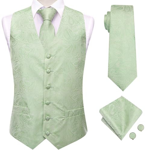 Dubulle Herren Paisley Krawatte und Weste Set mit Einstecktuch Manschettenknöpfen Weste Anzug für Smoking, Salbeigrün, XX-Large