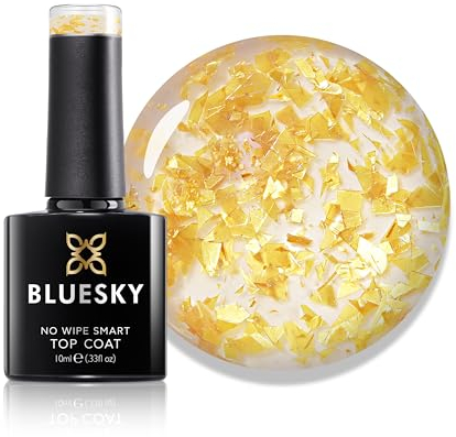 Bluesky Golden Flake No Wipe Top Coat 10ml, GLT01, Gold Leaf Gel Nail Polish for 21 Day Manicure, Professional, Salon& Home Use, Requires Curing Under LED UV Nail Lamp