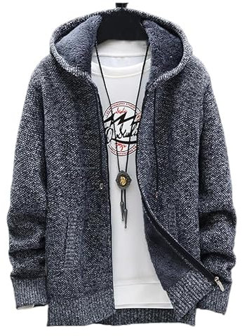 Dawwoti Men's Hooded Knit Cardigan Full Zip Fleece Sweater Coat Casual Loose Fit Outwear Knitwear