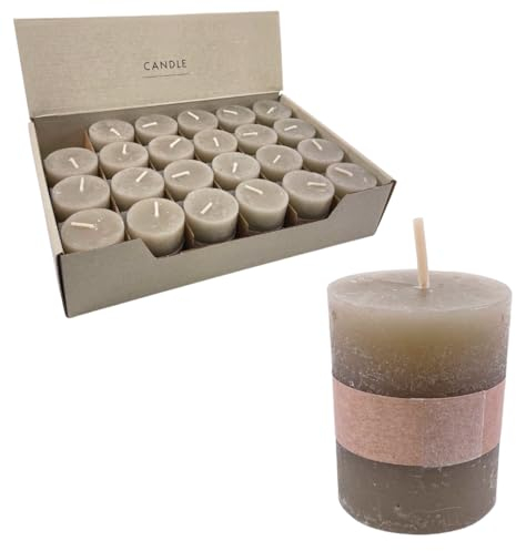 Rustikale Mini Kerzen ca. 4 x 5 cm Stumpenkerze im Antik Look für die perfekte Atmosphäre Zuhause (24 x Taupe hell)