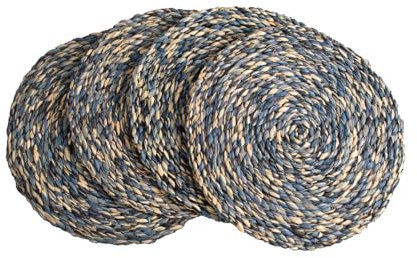 KAZI Essentials Boho Round Woven Placemats – Set of 4, Natural Wicker Twisted Raffia Placemats, Straw Braided Heat Resistant Non-Slip Weave, Eco-Friendly Handmade by African Artisans (13 Round, Blue)