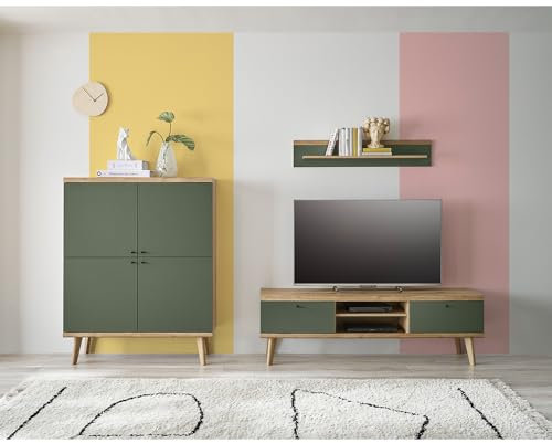 Lomadox Wohnwand Anbauwand in Eiche mit grün Modern 3-teilig, Highboard, TV-Lowboard, Wandregal