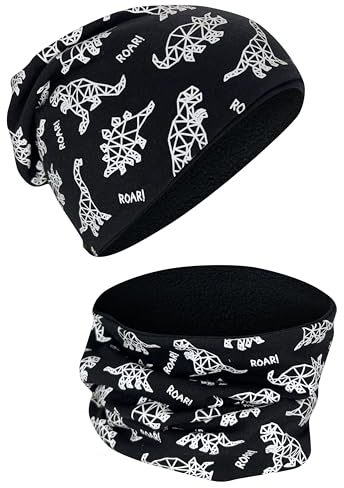 HECKBO Winter Kinder Mütze & Loop Schal Set mit Dinosaurier-Motiv - 2-6 Jahre - 360° Reflektor, Weiches Vlies Innen, 95% Baumwolle