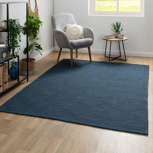 Steffensmeier Handweb Teppich Kelim Delhi | 100% Schurwolle in der Nutzschicht, Blau, handgewebt, Größe: 200x250 cm Wohnzimmer und Schlafzimmer