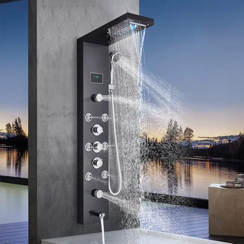 Harnart Colonne de Douche Hydromassante pour baignoire 5 en 1 Noir avec LED Colonne Douche Hydromassage Acier Inoxydable Système de Panneau de Douche mural…