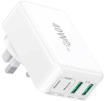 USB Plug UK, 40W USB C Charger, 4 Port Multi USB Wall Socket Adapter Compatible With Apple iPhone charger 11/12/13/14/15/16 XS/XR/X iPad AirPods Pro, Samsung, Tablet, Android Device - Detachable Plug