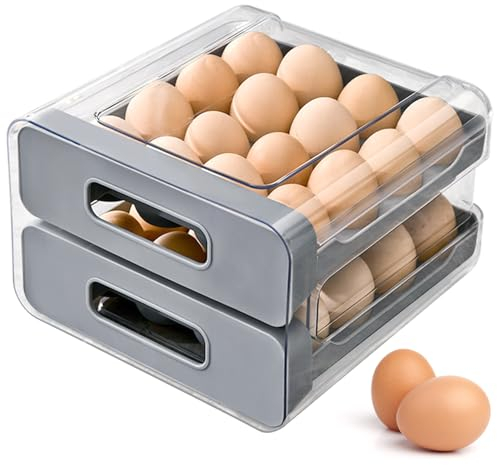 32 Grid Egg Holder for Refrigerator, Plastic Egg Storage Drawer Container, Stackable Transparent Double-Layer Egg Box Egg Basket Organiser for Kitchen