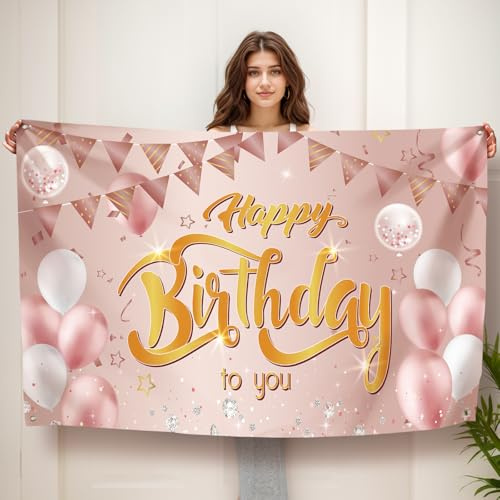 Koliphy Happy Birthday Banner, Birthday Party Background Decor - Extra Large Rose Gold