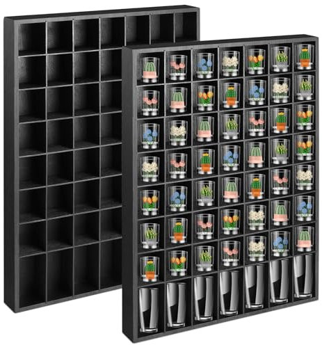 2 Pcs Large Wooden Shot Glass Display Case with Removable Shelves, Wall Mounted Shadow Box, 56 Slots