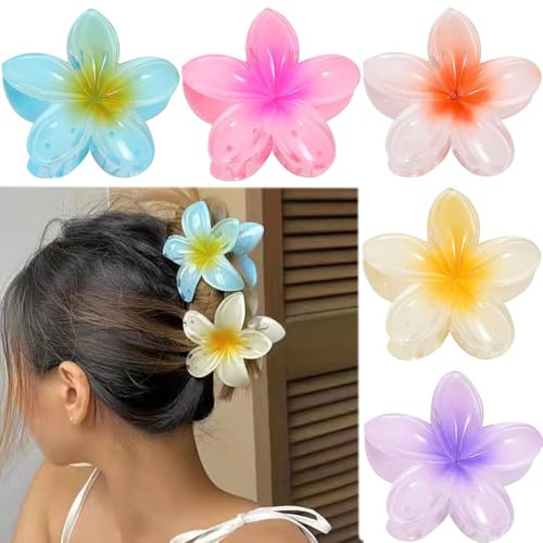 Pinza para el pelo con flores, hibisco, grande, hawaiano, flores, azul, blanco, rosa, amarillo, flores, pinzas para el pelo hawaiano (5 unidades)