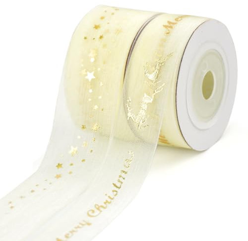 Capaneus Geschenkband Weihnachten, Transparent Gold Organzaband Dekoband Weihnachten, 2x9m, Sterne, Elche, Klassisch, Weiß mit Gold