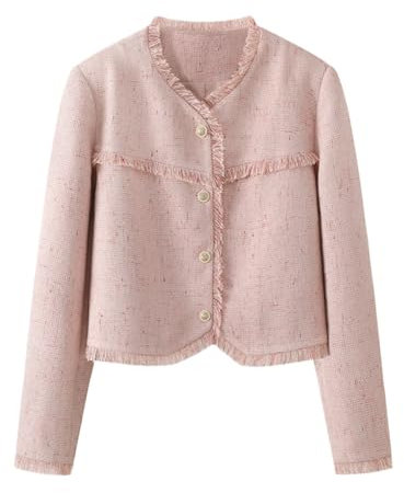 Blazer en Tweed Rose pour Femme Simple Boutonnage Slim Bureau Cardigan d'affaires Robe plissée Demi-Corps Blazer en Tricot décontracté Veste décontractée à Manches Longues (Tops,S)