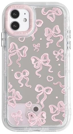 NITITOP Compatible with iPhone 12/12 Pro Case Cute Mirror Bow Love Heart Pattern for Women Girls Ribbon Design Shockproof Silver Protective Phone Cover - Light Pink Bow