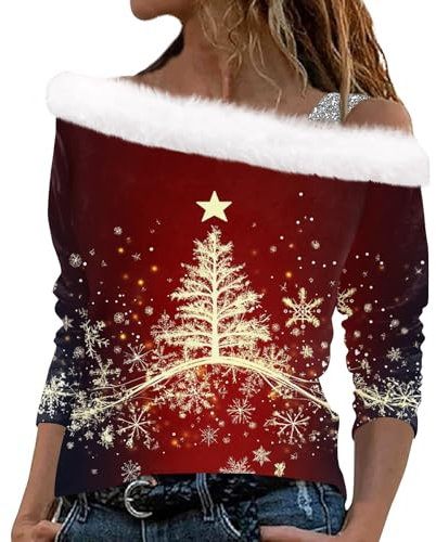 Topassion Weihnachtspullover Damen Off Shoulder Weihnachts Sweatshirt Damen Slim Fit Langarmshirt Weihnachten Elegant Aufdruck Sweater mit Weihnachtsbaum Oberteile Plüsch Ausschnitt Pullover(Wine,L)
